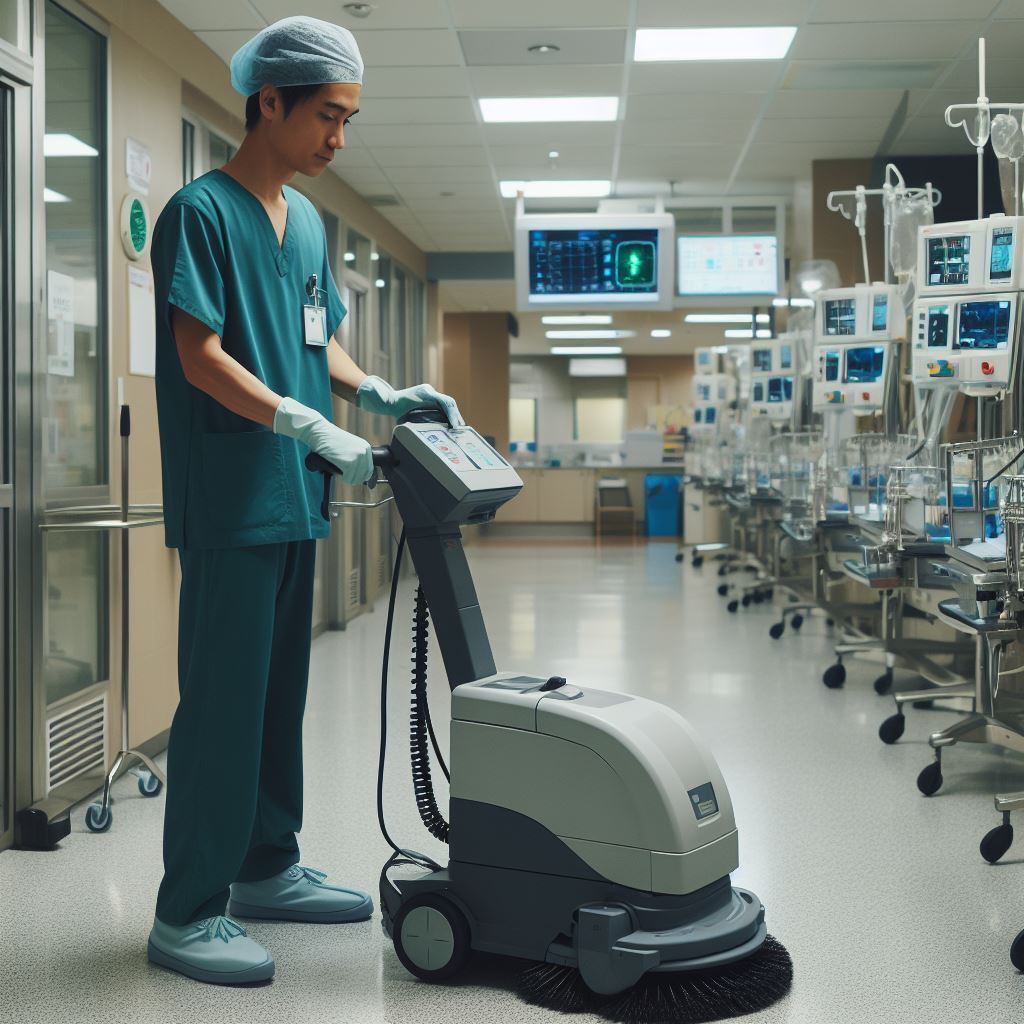 man in scrubs using a floor cleaning machine